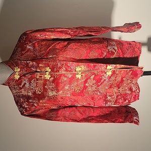 Vintage Peony Brand Red Rayon Mandarin Jacket, Size: L
